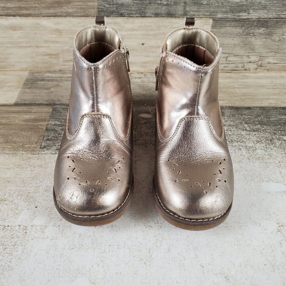 Stride Rite Stella Girls Ankle Boot Sz 10 W Gold Leather Side Zip Perforated Toe